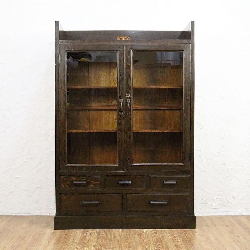 昭和レトロ風ガラス扉本箱 収納棚 引出し付き