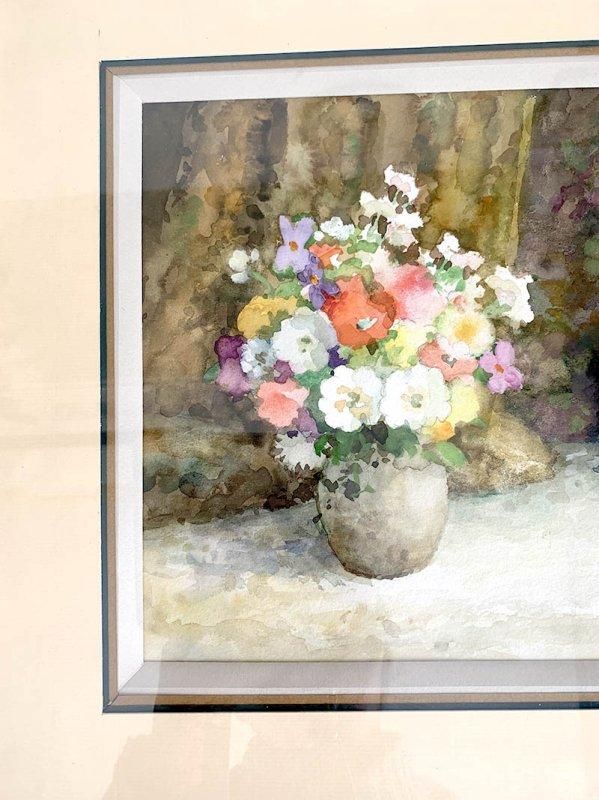 フランス製水彩画 花瓶の花と本 上品な額付き