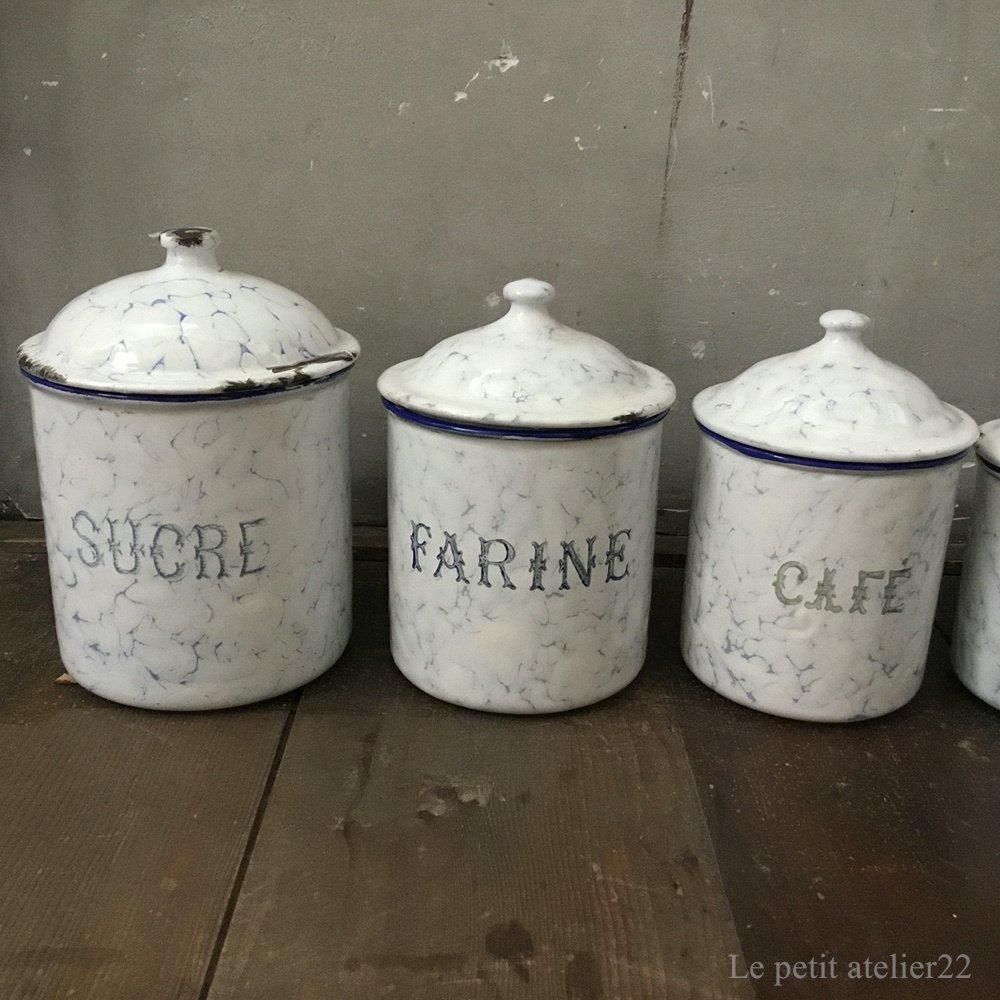 6個セット) フランス アンティーク ホーロー キャニスター 青 マーブル