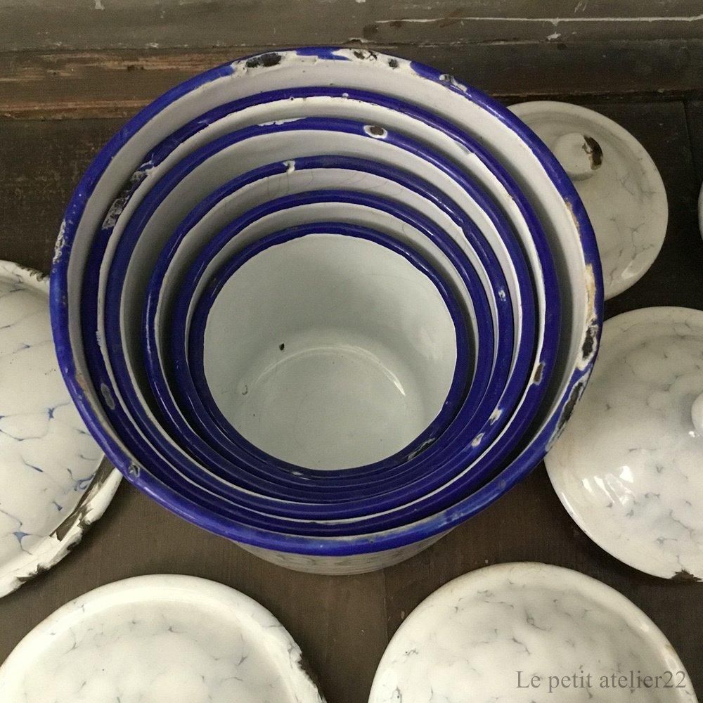 6個セット) フランス アンティーク ホーロー キャニスター 青 マーブル