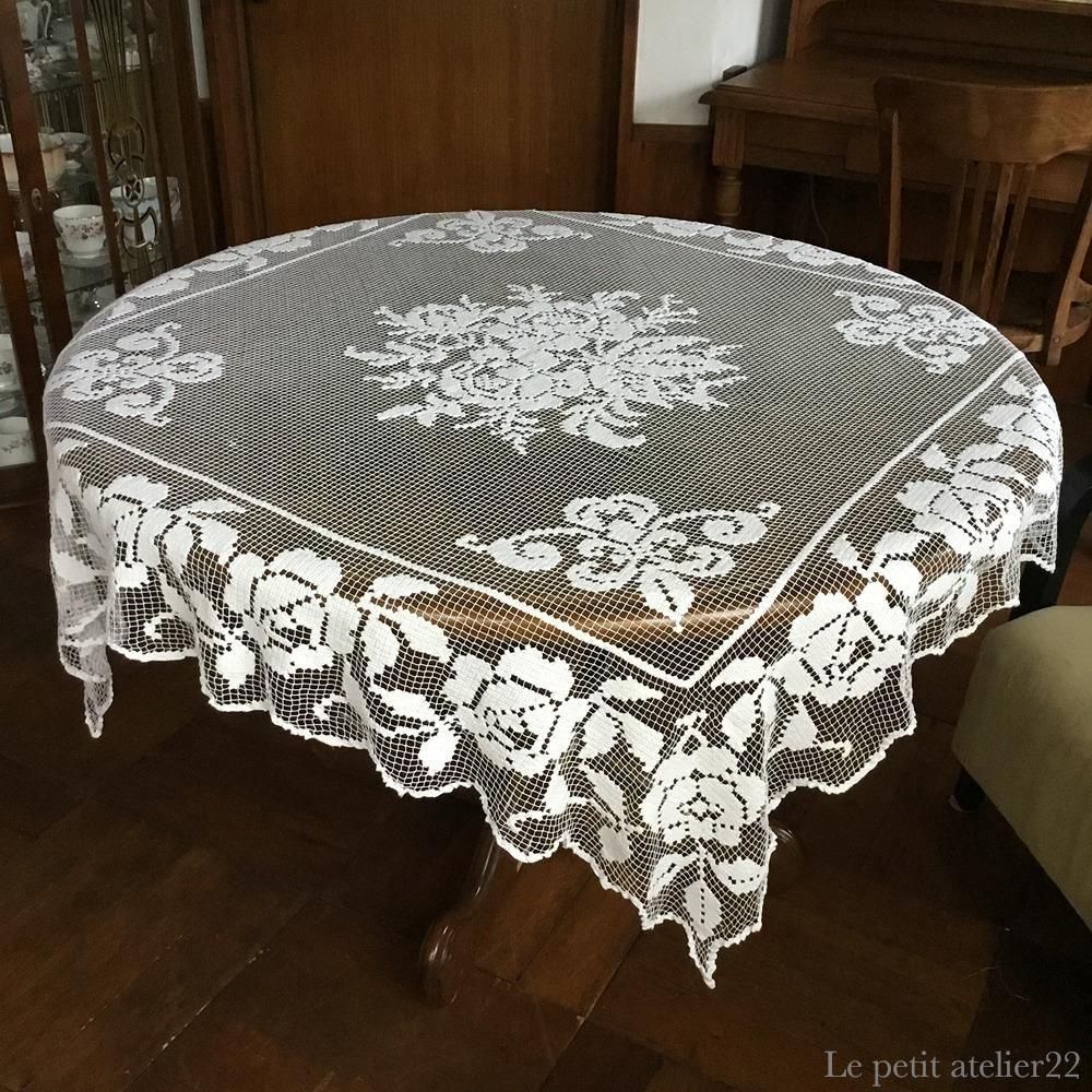正方形) フランス アンティーク フィレレース テーブルクロス カーテン
