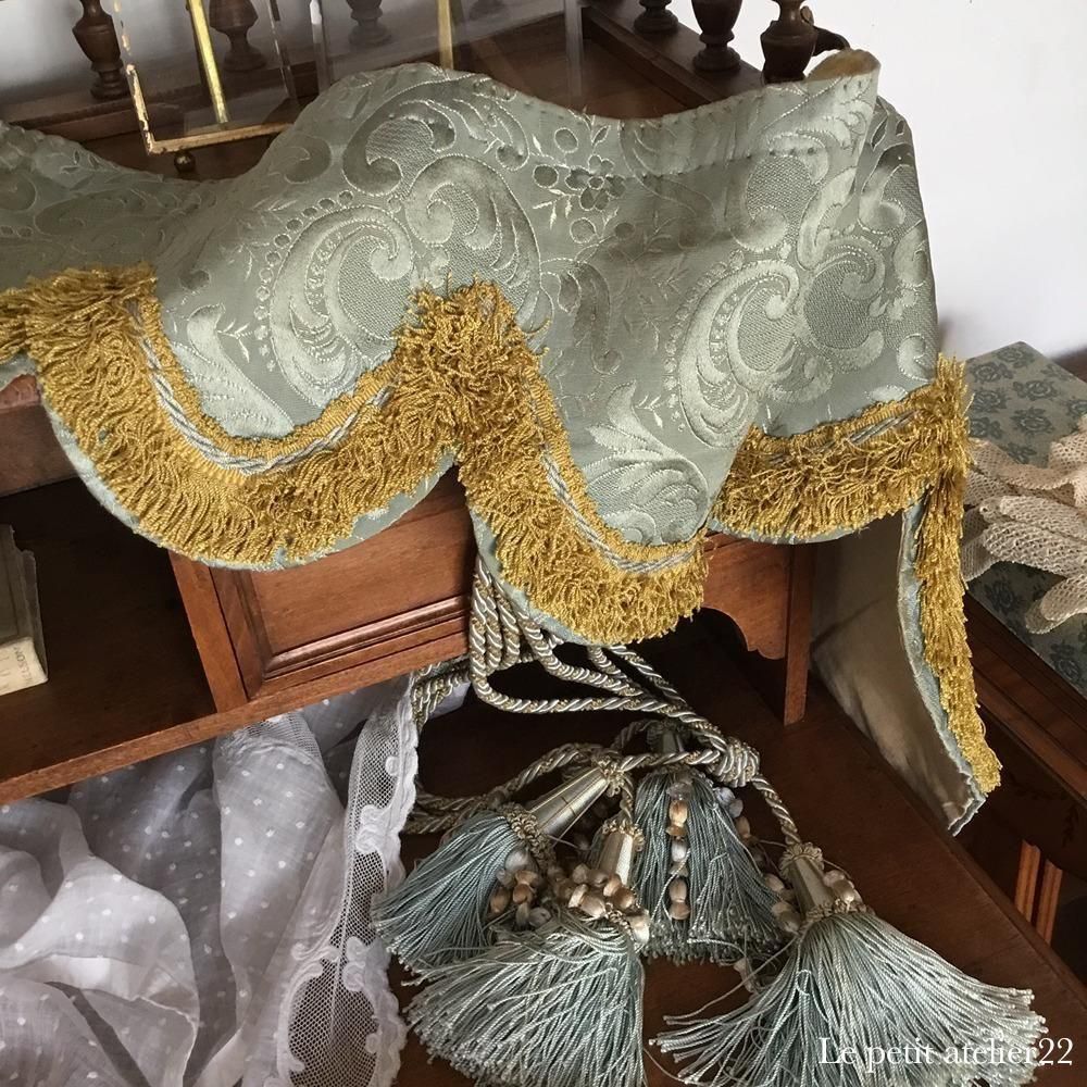 フランス アンティーク カーテンバランス ブルーグリーン&ゴールド 19