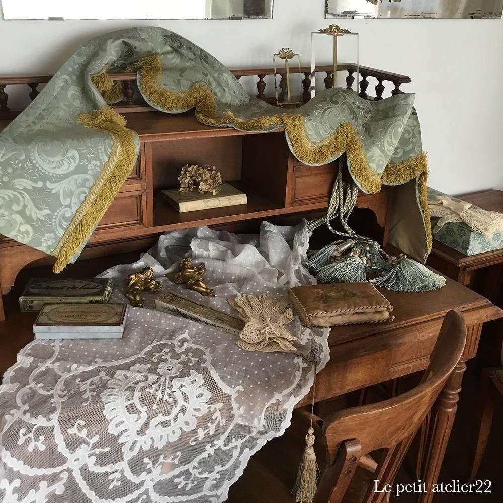 フランス アンティーク カーテンバランス ブルーグリーン&ゴールド 19