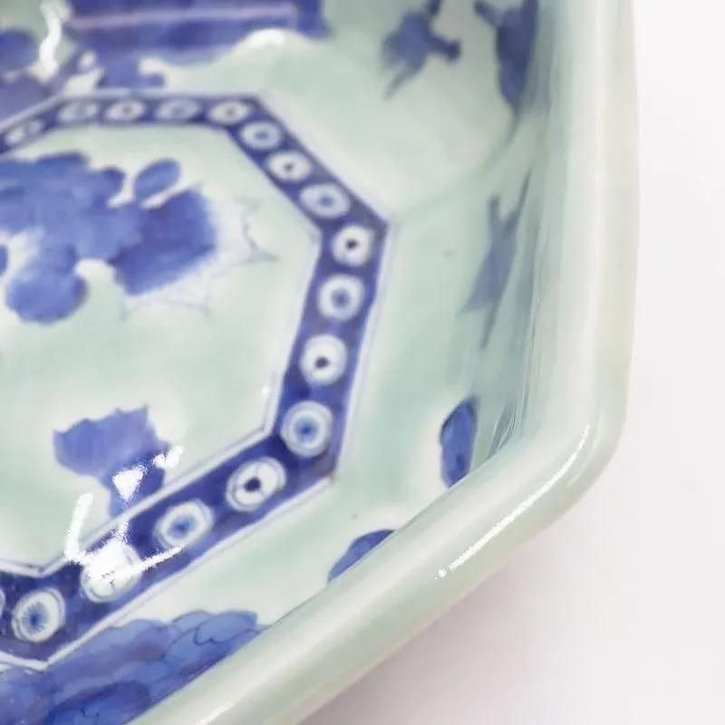 骨董5青い絵柄の八角形陶器鉢 手描き青磁染付八角大鉢（