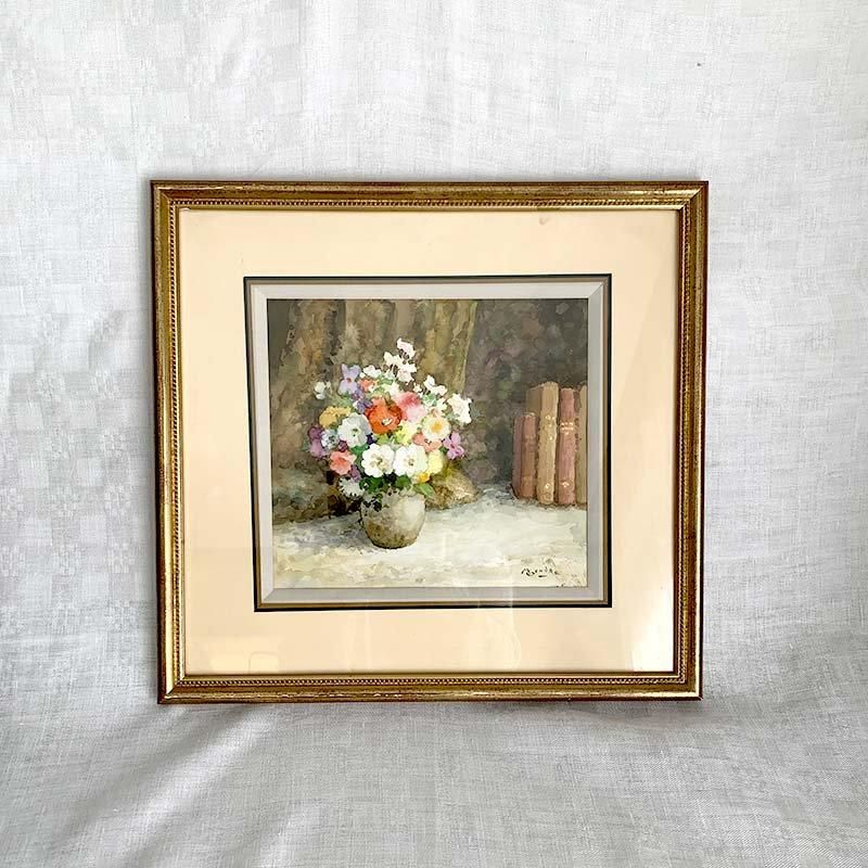 フランス製水彩画 花瓶の花と本 上品な額付き