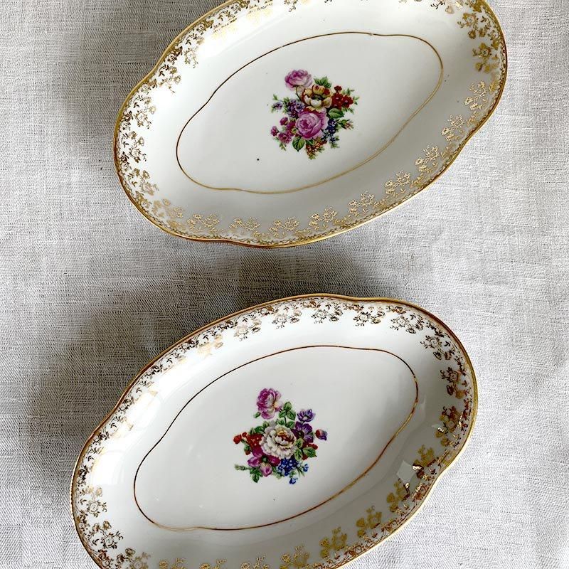 Limoges花柄オーバルプレート金彩レトロレリーフ