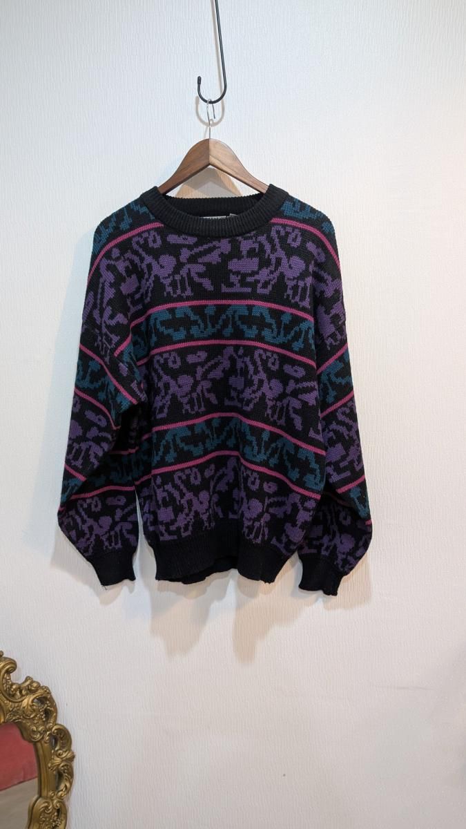 ヴィンテージXLニットセーター カラフル総柄でモード感溢れる