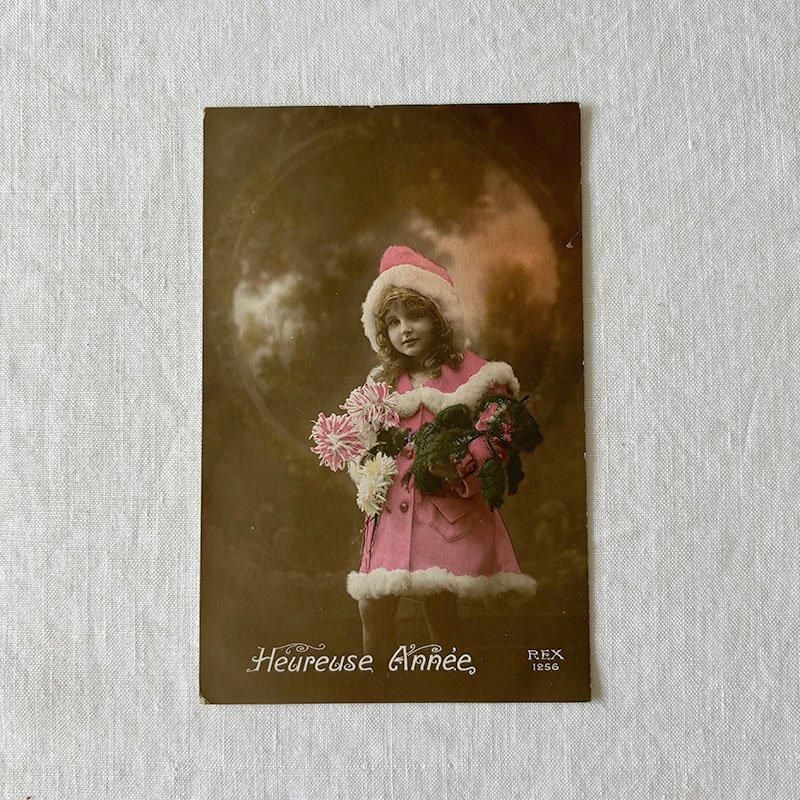 1920年頃の少女ポストカード 彩色写真 Bonne Annee