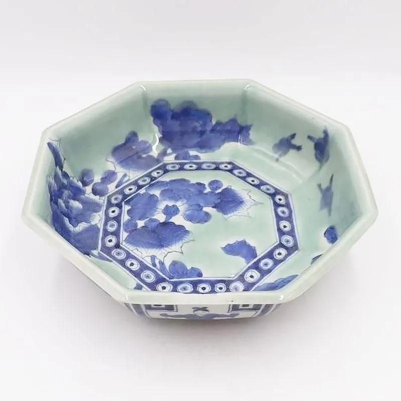 骨董5青い絵柄の八角形陶器鉢 手描き青磁染付八角大鉢（