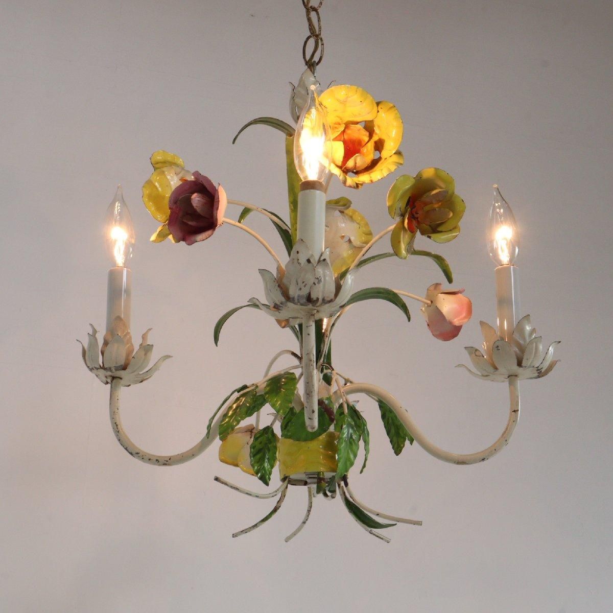 4灯 フラワーモチーフ トールシャンデリア ヴィンテージ 吊り下げ 照明