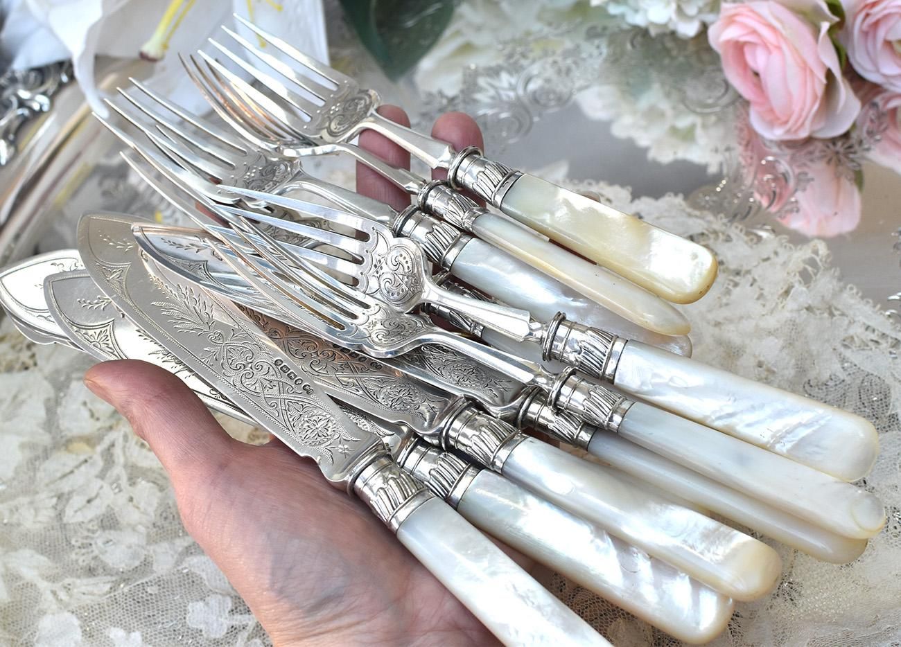アンティーク 銀製 白蝶貝フォークとナイフのカトラリーセット Walker