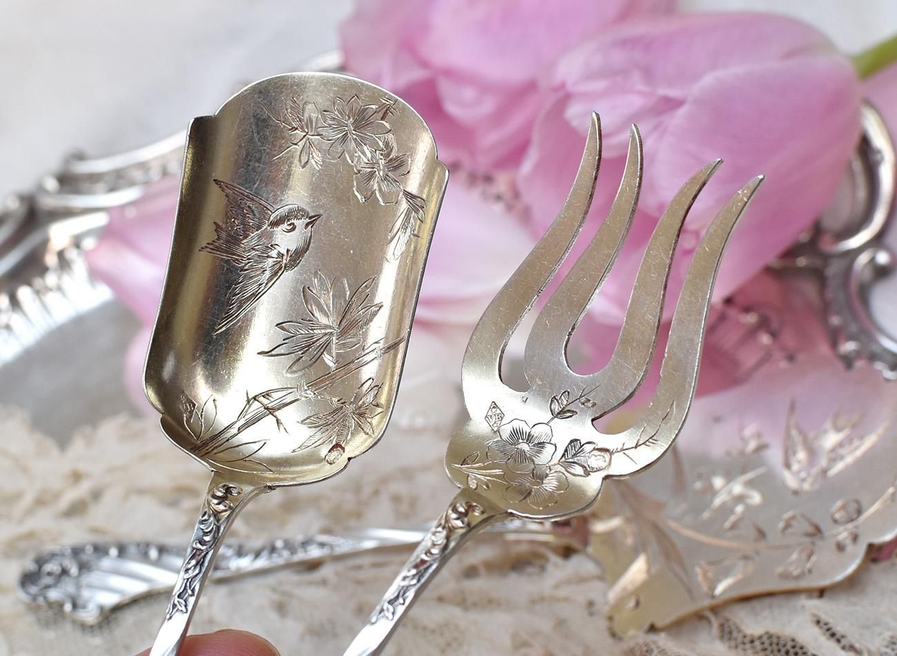 仏アンティークシルバー【銀950】サービングセット 鳥と植物 V.Boivin