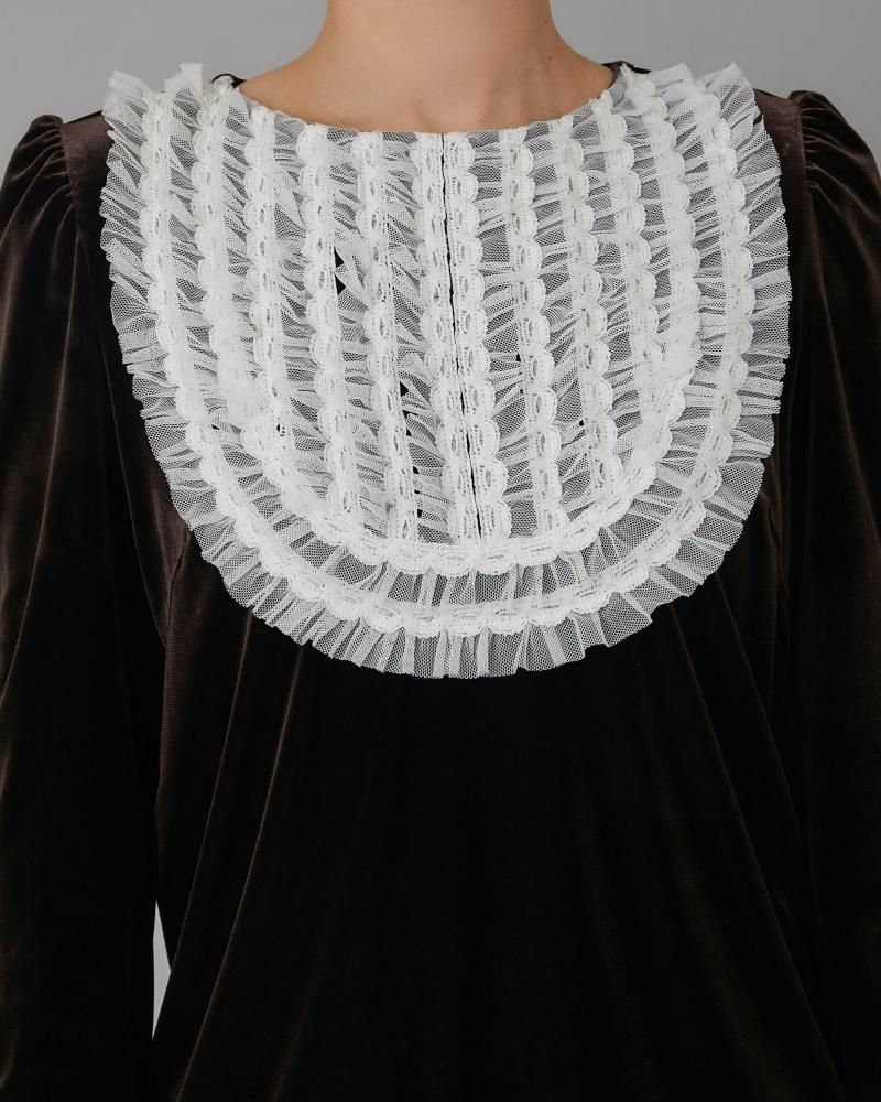 チュールフリルベロアトップス(ブラウン) - seventen