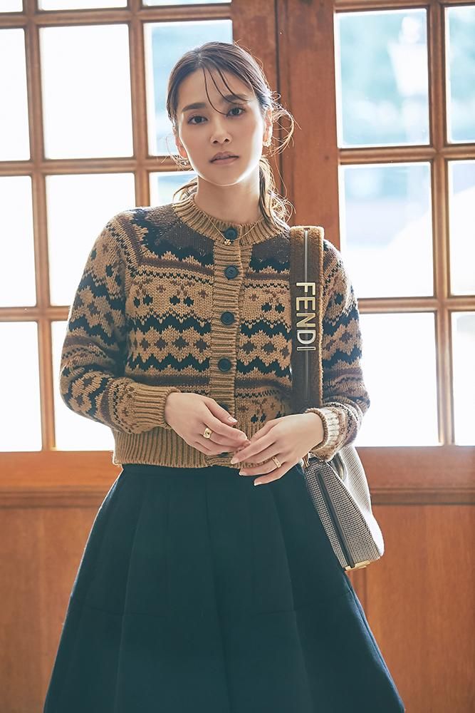 チェリージャガードカーディガン(キャメル) - seventen