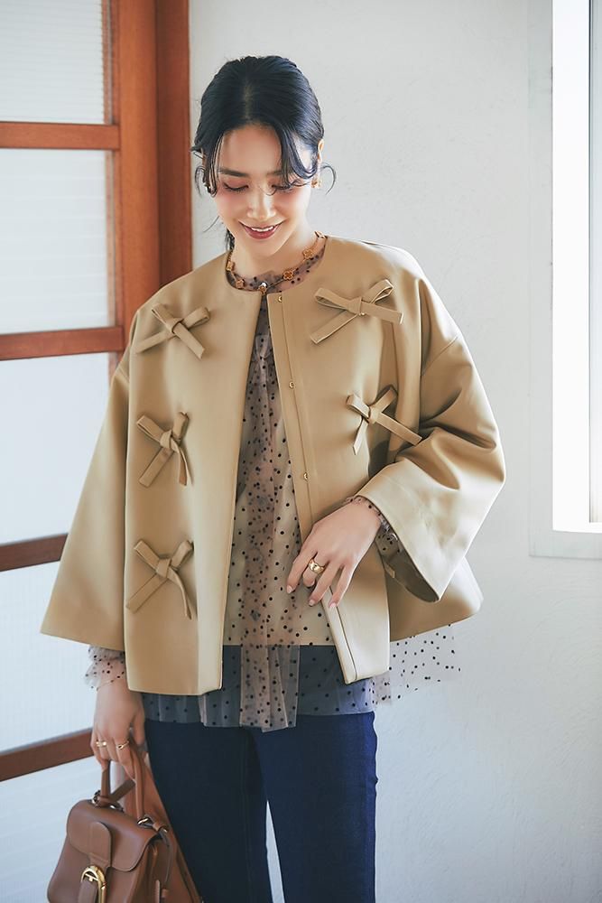 ダブルリボンショートコート(ベージュ) - seventen