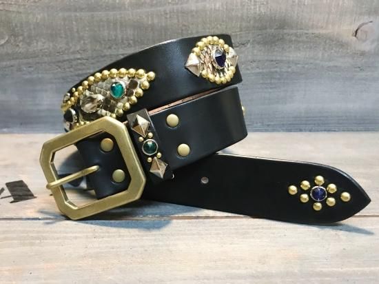 スタッズベルト/サドルレザー/ダイヤモンドパイソン(ヘビ革)