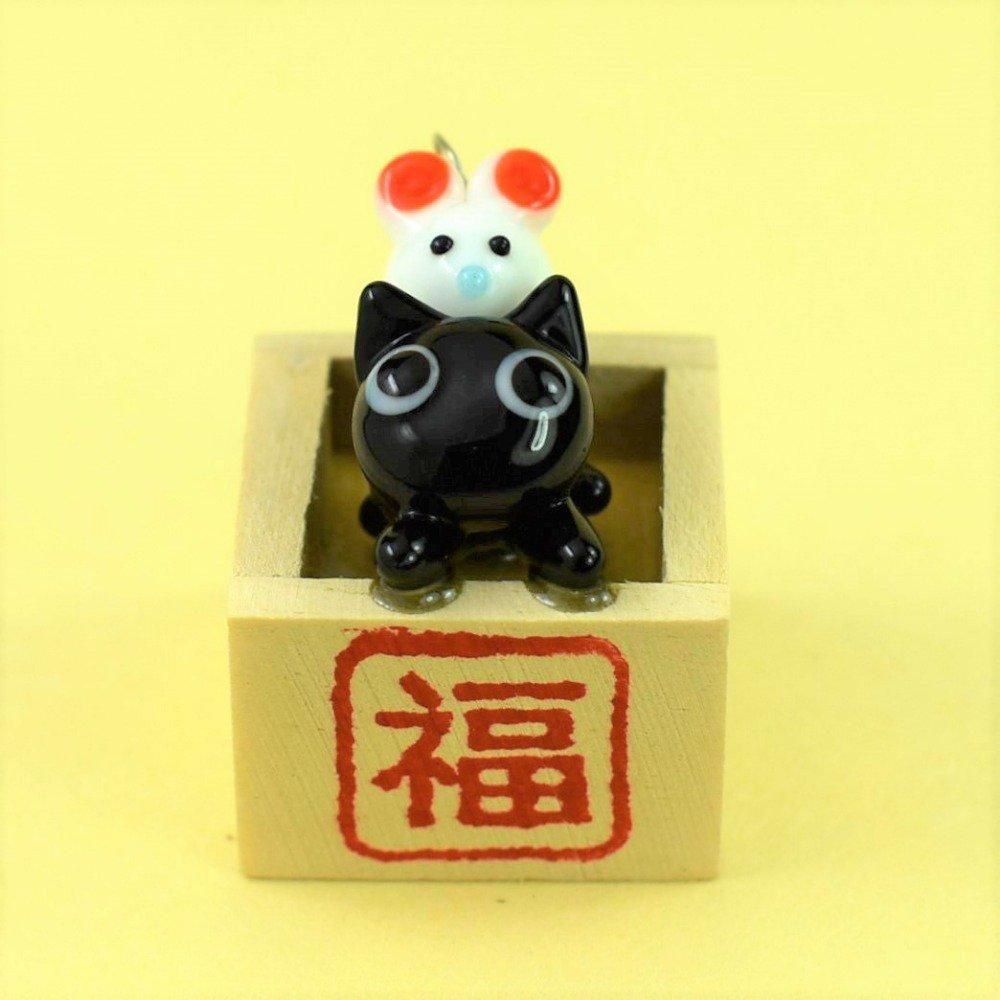 ガラス細工｜猫｜枡入り猫とねずみ｜フォーカートグラスワークス