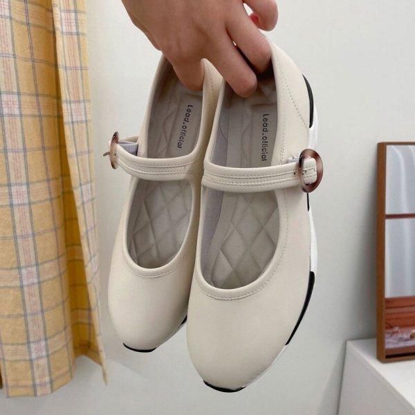 バレエシューズ フラットシューズ ストラップ バックル レザー 厚底