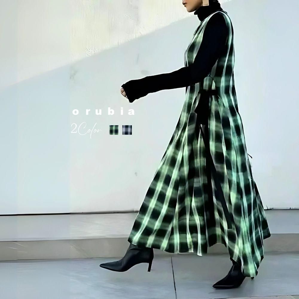 ワンピース チェック柄 ノースリーブ ベルベット サイド ストラップ