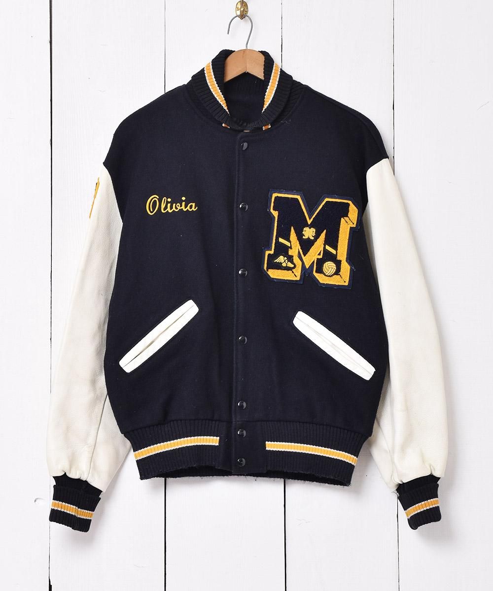 DeLONG」フェルトワッペン付き 袖レザー切り替え スタジアムジャケット