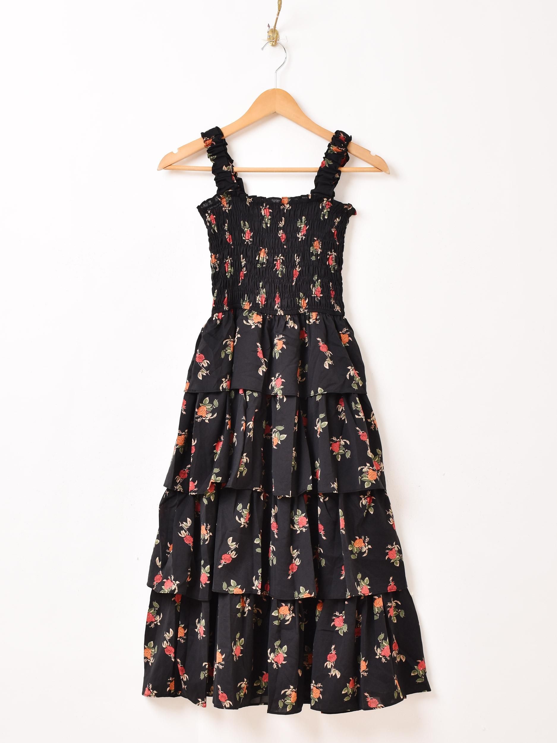 2色展開】「Meridian」花柄 ラッフル ギャザーワンピース ブラック