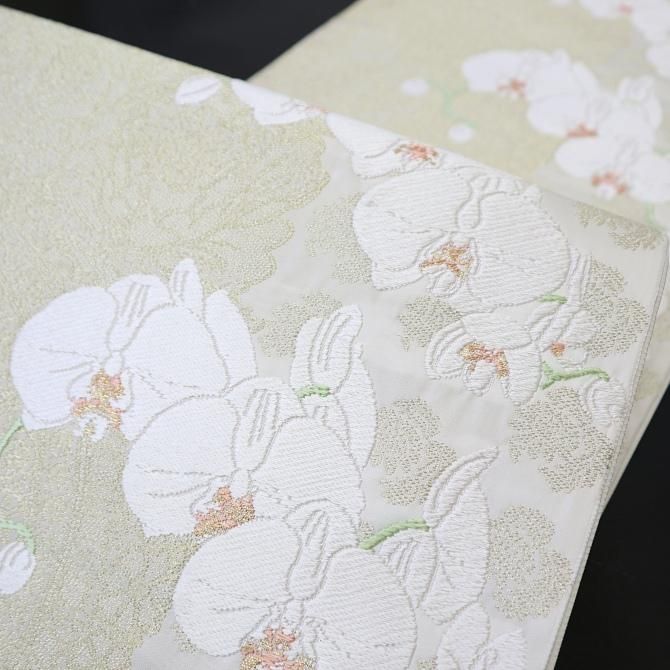 西陣 袋帯 山口美術織物 レース地胡蝶蘭 白練色 【染重オンライン