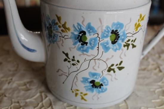 フランス アンティーク ハンドペイント ブルーフラワー ホーローポット