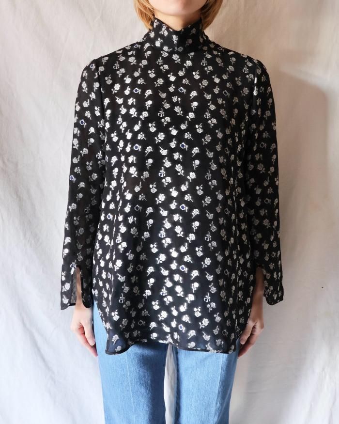 Mame Kurogouchi：Floral Jacquard Hight Neck Blouse - NAVY - ORANN