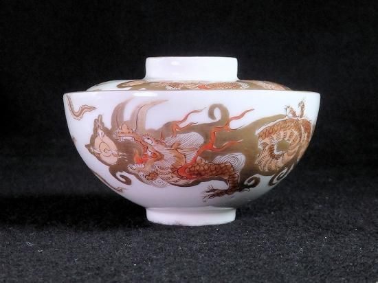 古伊万里 金襴手 双鶴に梅花の図 大振蓋茶碗 2客