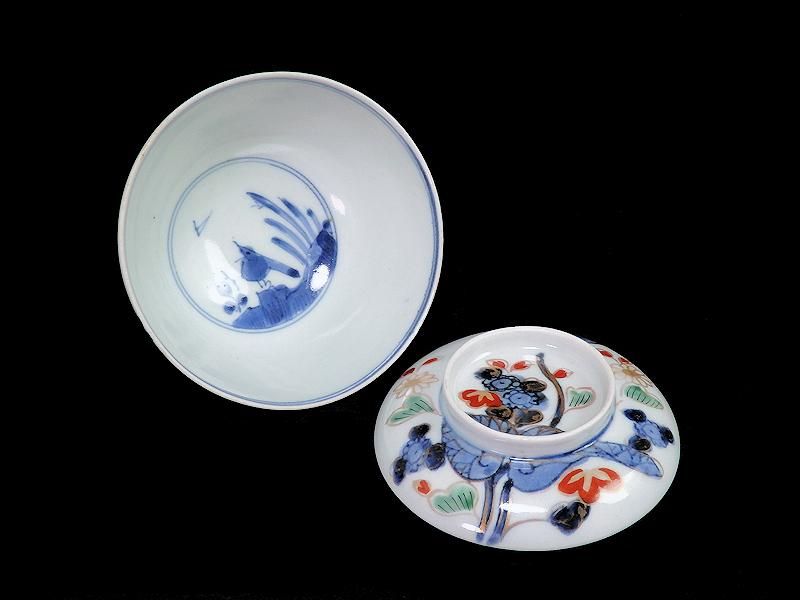 古伊万里 染錦 河骨紋図 広東型蓋茶碗 5客セット