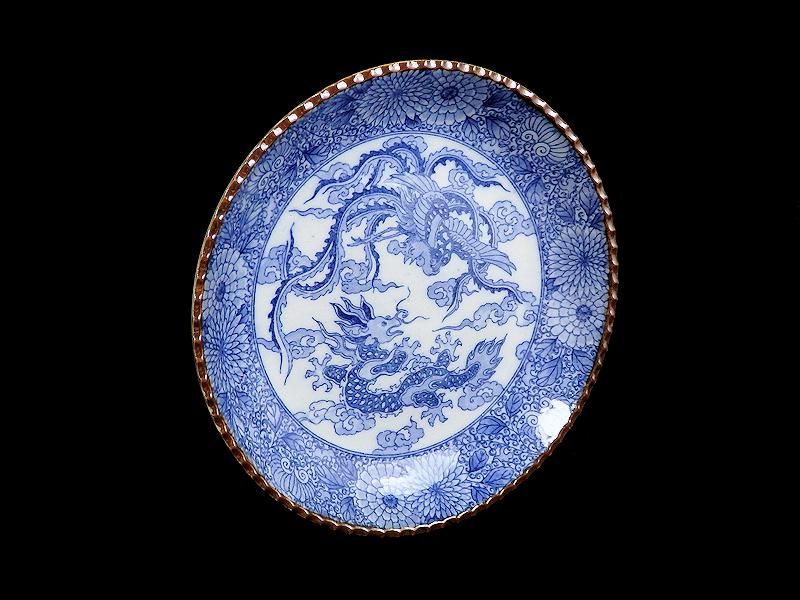 伊万里 染付 印判 鳳凰に龍図 7寸皿