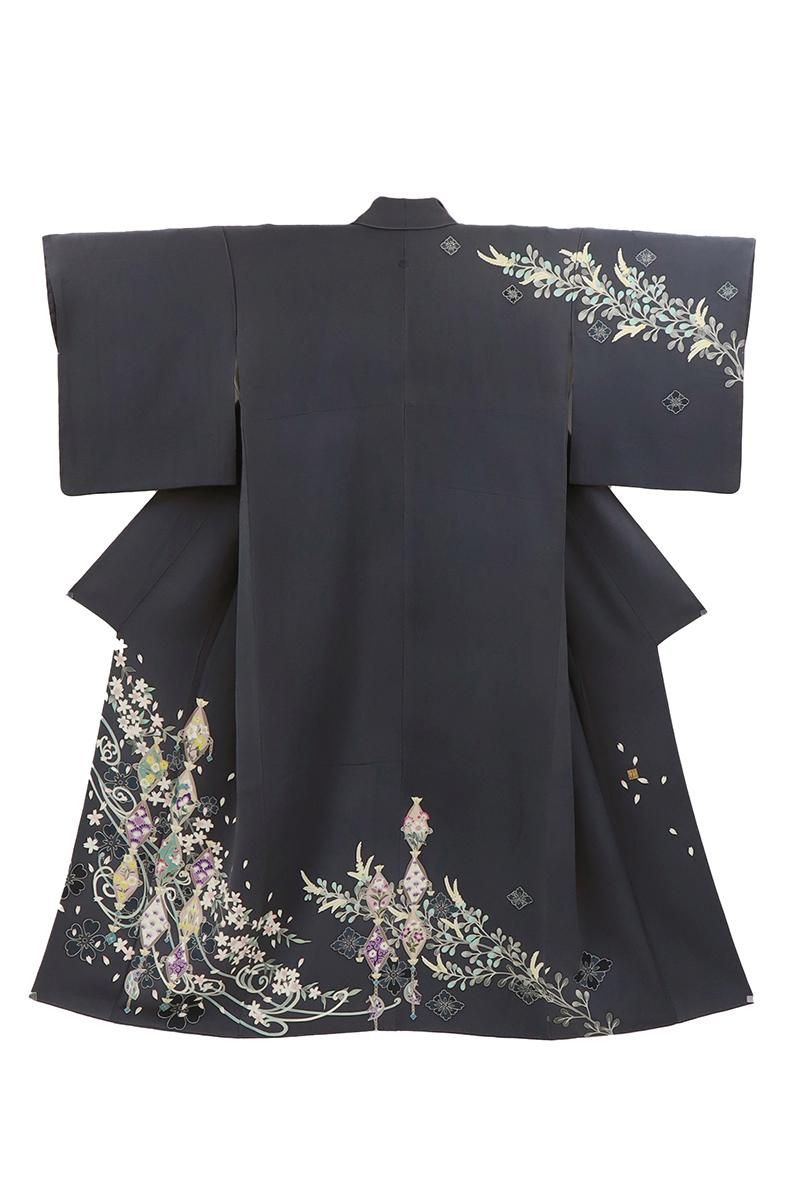 銀座【B-4016】染一ッ紋 本加賀友禅 橋本静華作 訪問着 紺鼠色 四季花