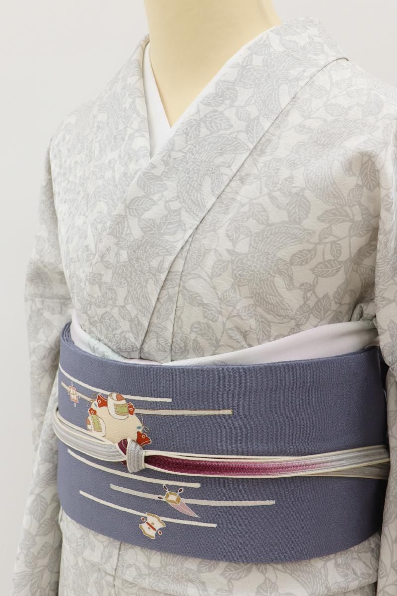 銀座【D-3725】東京染小紋 岩下江美佳作 小紋 白色 植物に鳥の図（落款