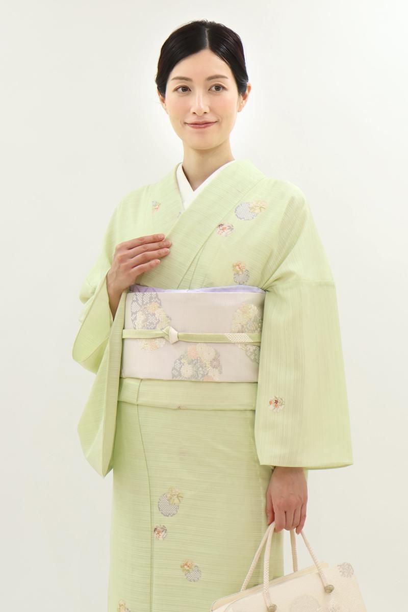 銀座【L-8240】西陣製 夏 袋帯 淡い桜鼠色 四季花の丸（証紙付