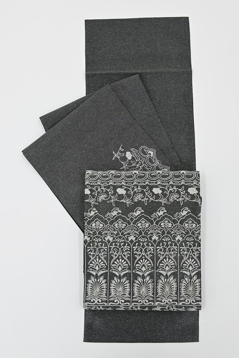 銀座【L-8327】絽 相良刺繍 袋帯 黒色 装飾花文 - 銀座きもの青木