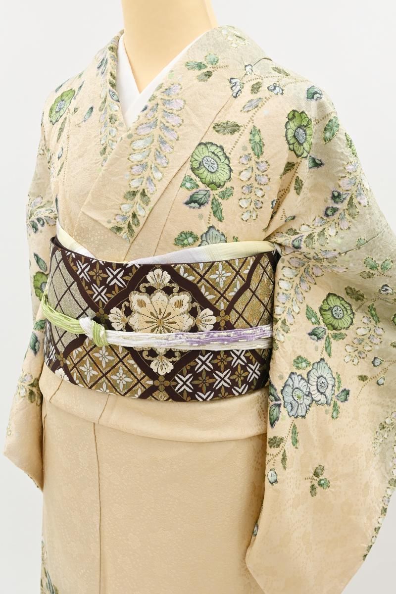銀座【B-4275】絞り染め 訪問着 クリーム色 裾暈かしに辻が花文（落款