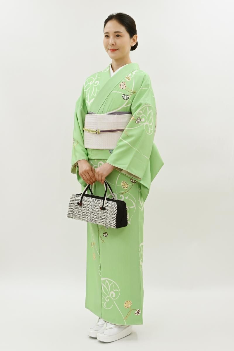銀座【D-3921】小紋 若緑色 葵の図:身丈158/裄68/広め - 銀座きもの