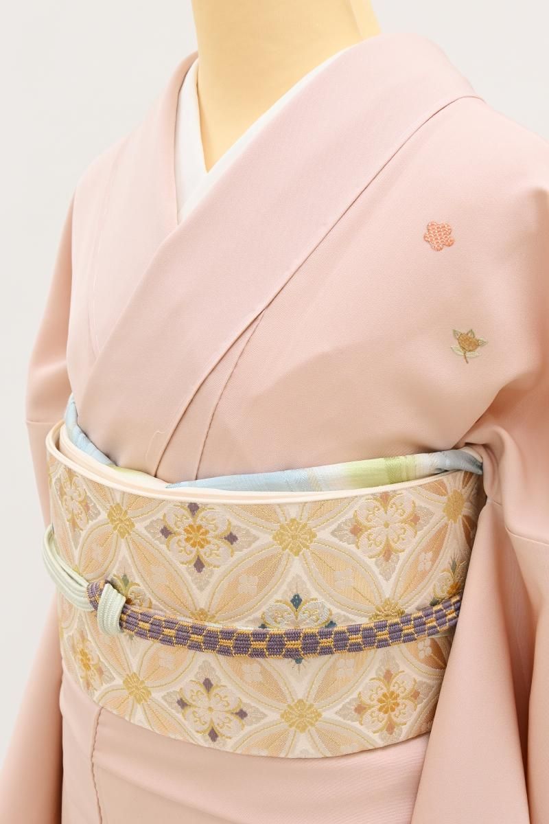 銀座【L-8528】本袋帯 薄香色 七宝繋ぎ花菱文 - 銀座きもの青木｜長く