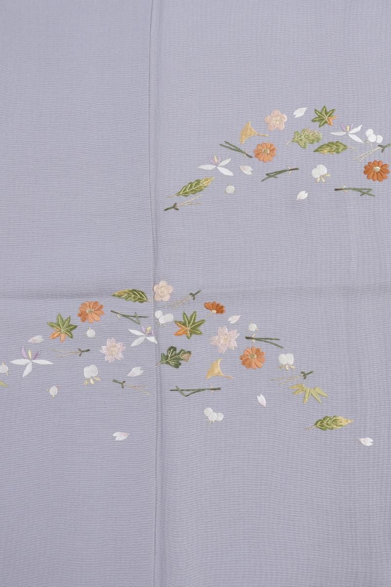 銀座【B-4379】繍一ッ紋 刺繍 付下げ 灰青色 吹き寄せ文（高島屋扱い