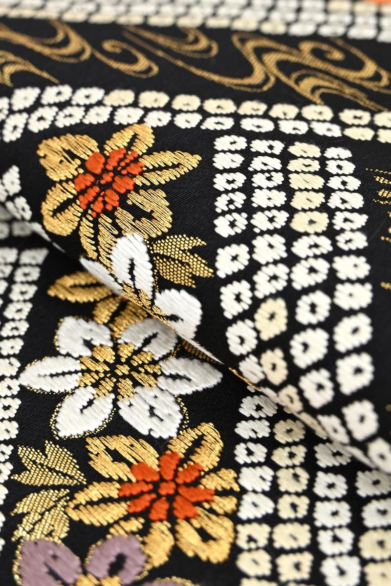 銀座【L-8493】袋帯 黒色 疋田の網代に四季花文 - 銀座きもの青木