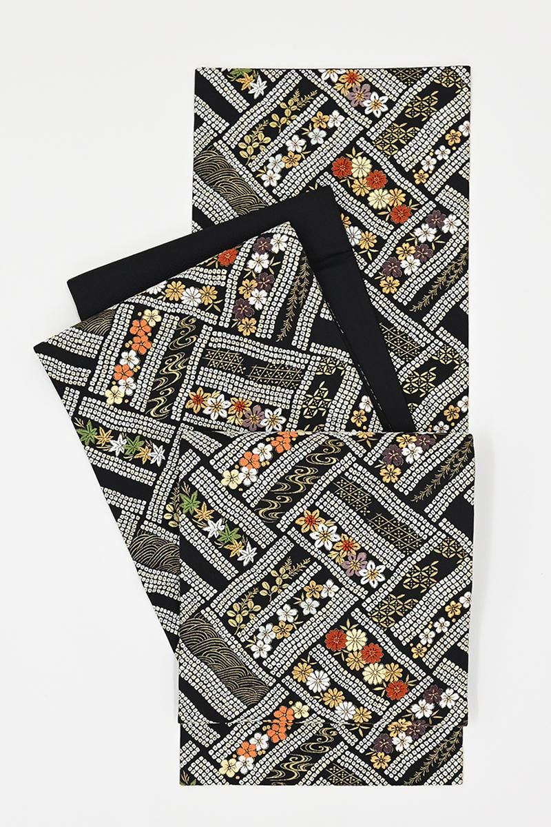 銀座【L-8493】袋帯 黒色 疋田の網代に四季花文 - 銀座きもの青木