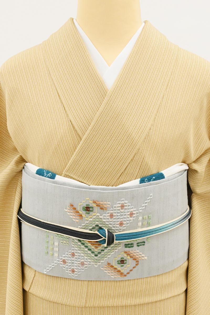 銀座【H-1020】琉球花織 紬地 名古屋帯 雲井鼠色 幾何文（証紙付