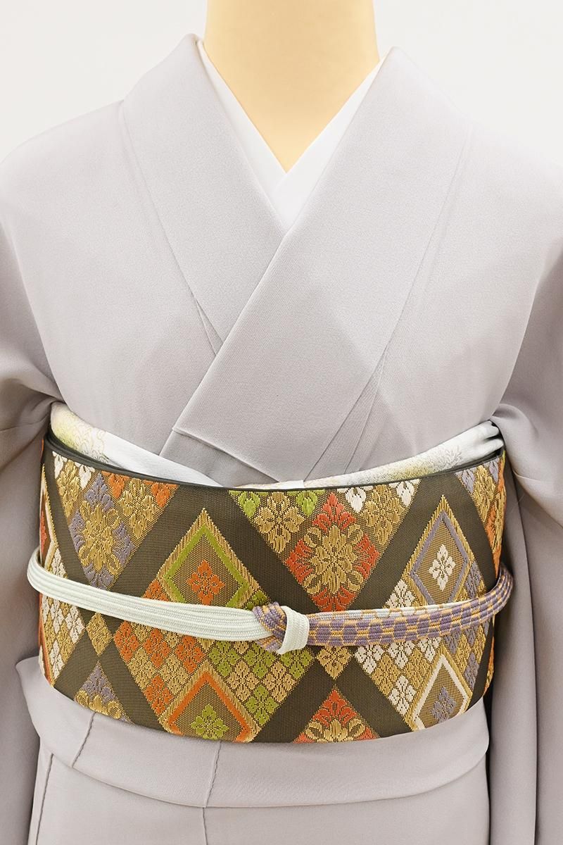 銀座【L-8699】西陣 川島織物製 本袋帯 海松茶色 花菱文（落款入