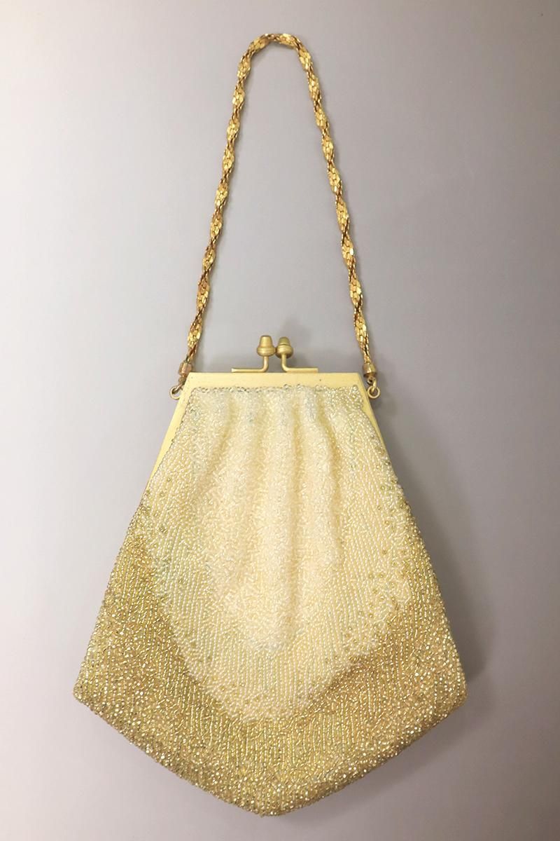 銀座【G-2754】ビーズ刺繍 バッグ 抽象文 金色×象牙色 - 銀座きもの