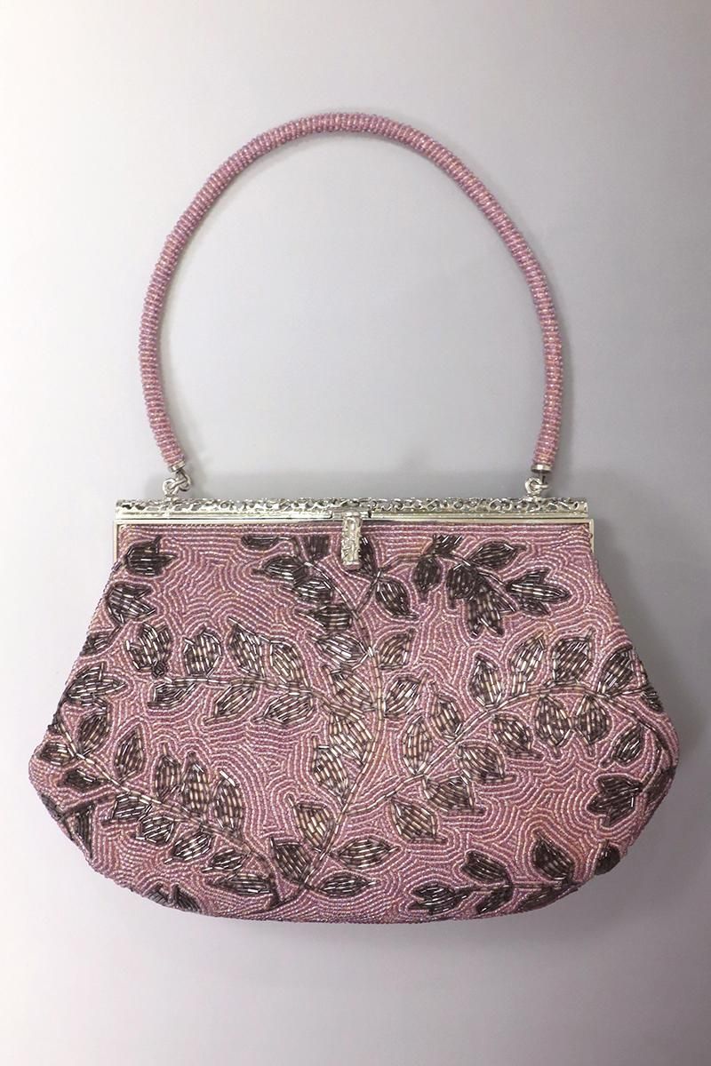 銀座【G-2758】ビーズ刺繍 バッグ 草花の図 梅鼠色×枯茶色 - 銀座