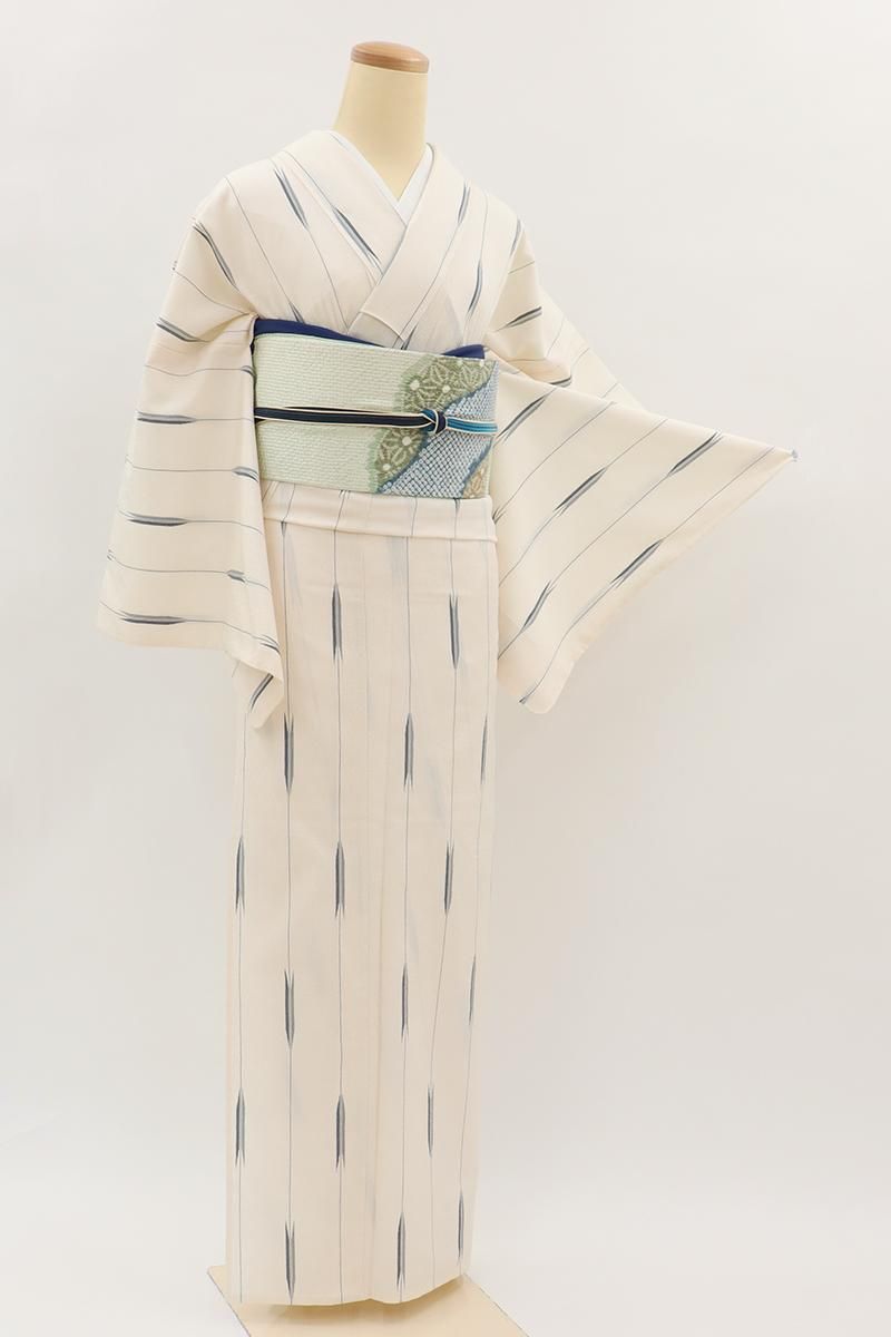 あおき【A-4026】単衣 十日町紬 薄卵色 竪縞に矢絣（反端付） :身丈