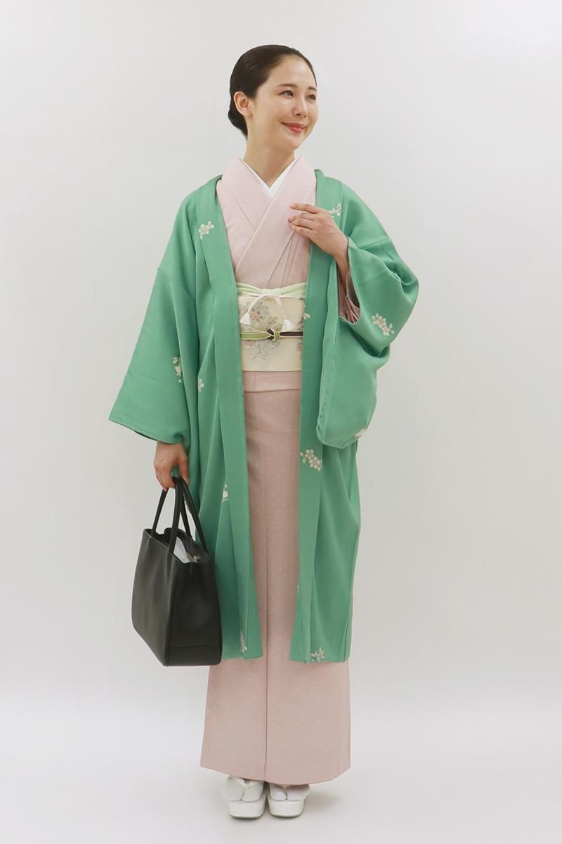 銀座【E-2104】羽織 緑色系 兎と亀の図（反端付） :身丈102/裄67