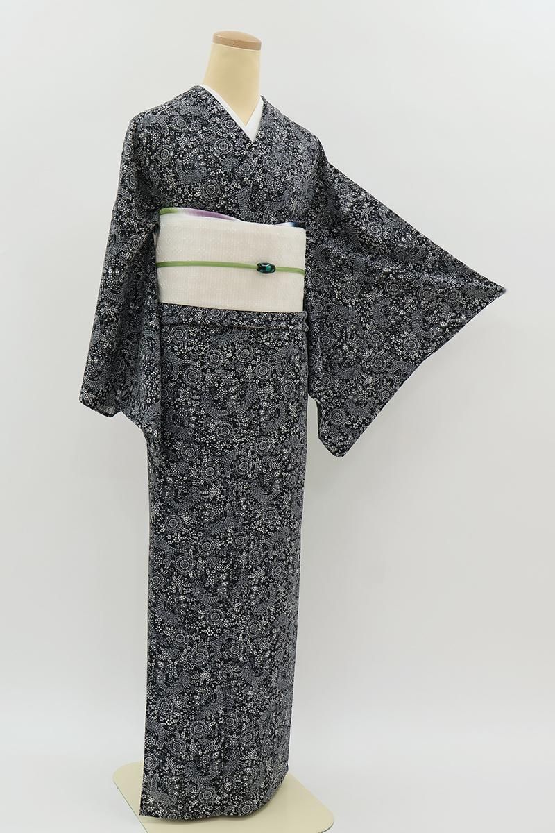 銀座【D-3748】絽縮緬 東京染小紋 黒色 花鳥文（反端付）:身丈156/裄