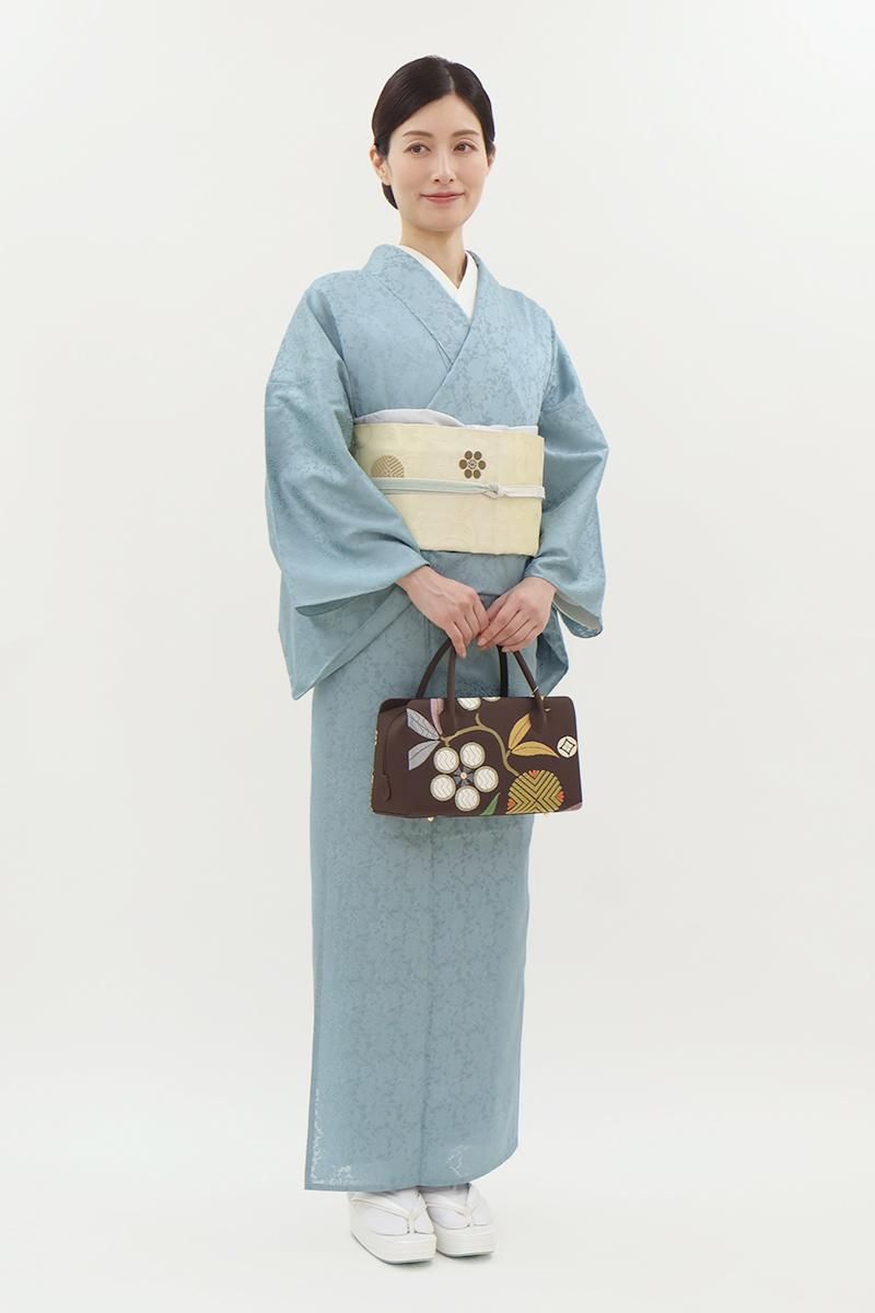 銀座【C-3181】紋紗 色無地 朝縹色 花唐草の地紋 :身丈162.5/裄67.5