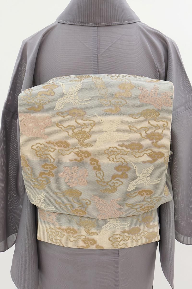 銀座【L-8263】絽 袋帯 薄香色×深川鼠色 横段に雲鶴文 - 銀座きもの